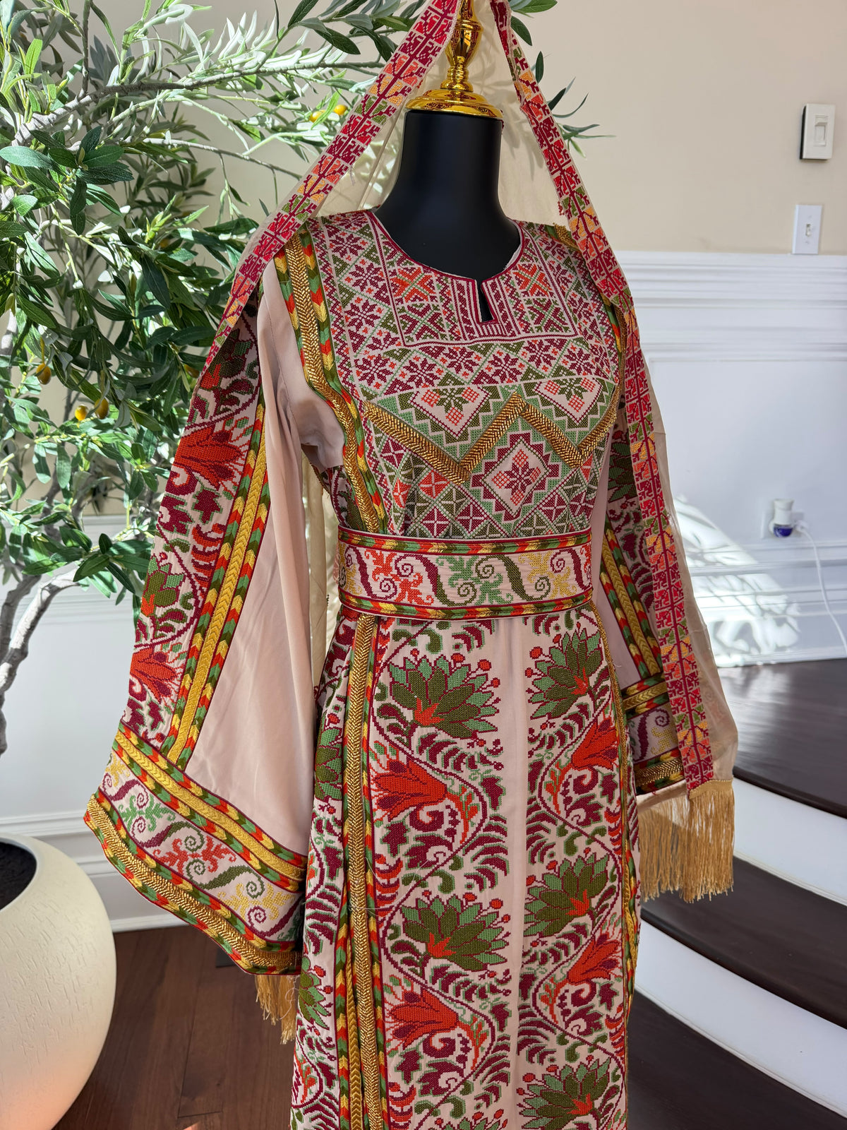 Elegant Cream Palestinian Embroidered Thobe with Traditional Red & Green Detailing (scarf not included)