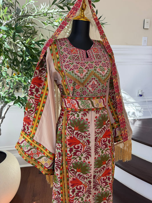 Elegant Cream Palestinian Embroidered Thobe with Traditional Red & Green Detailing (scarf not included)