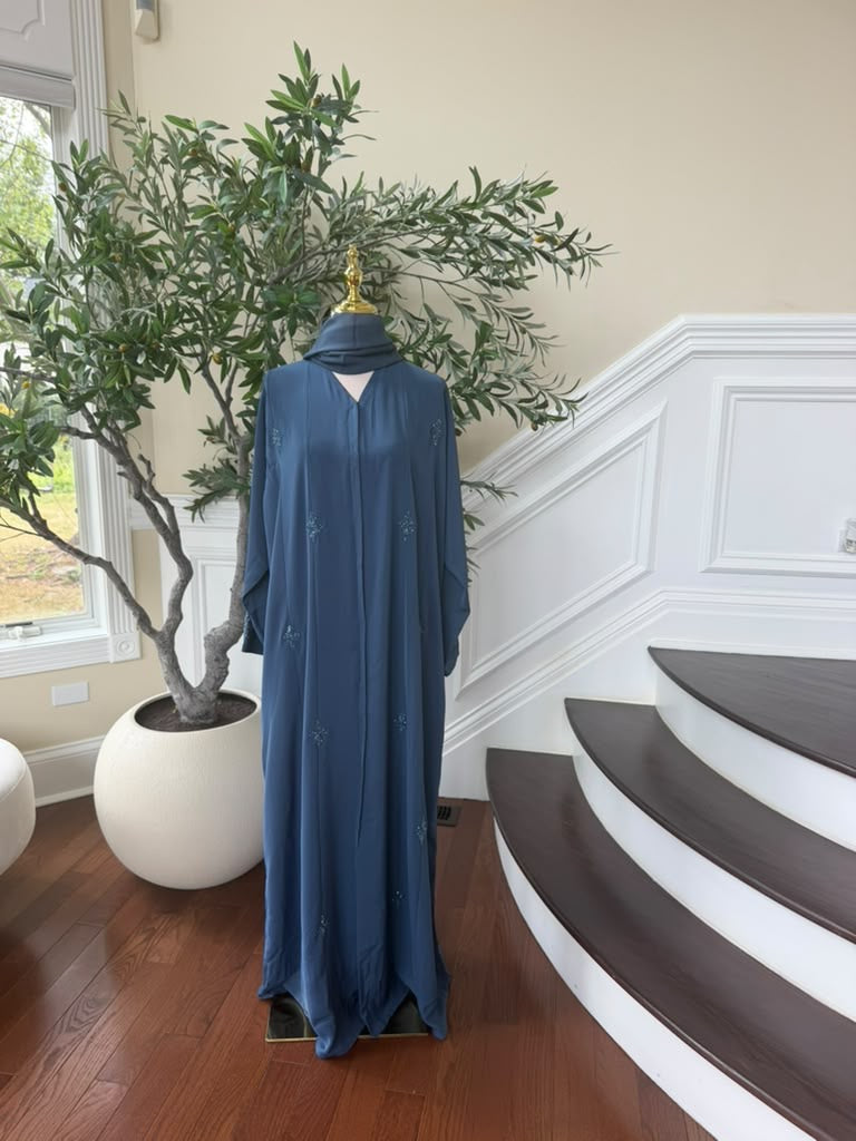 Blue Beaded Nada Fabric Charm Abaya