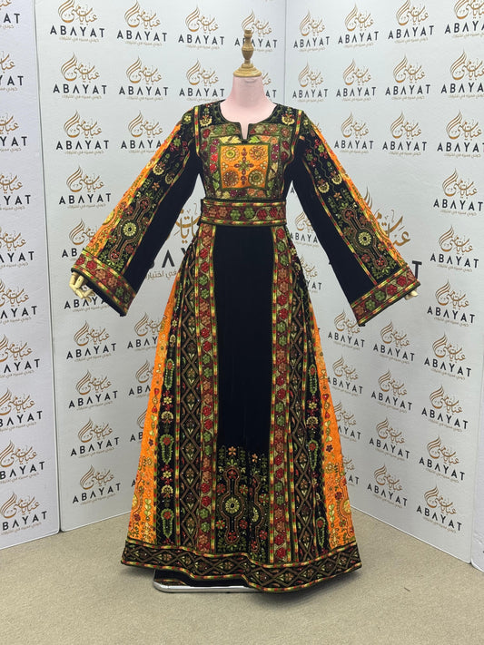 Traditional Palestinian Embroidered Thobe – Velvet Black & Orange Tatreez Dress A092025