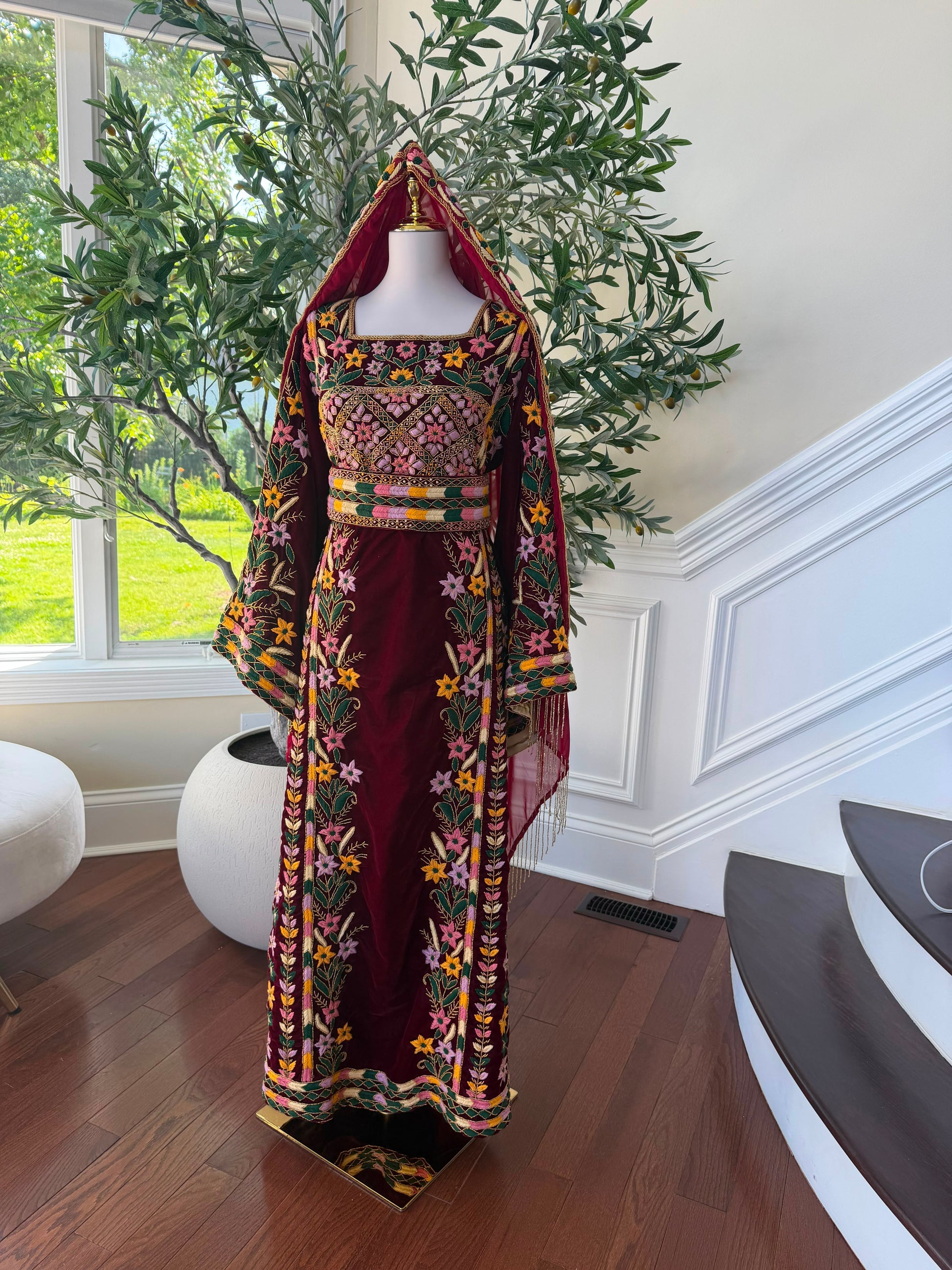 Velvet Red Embroidery Beaded Thobe