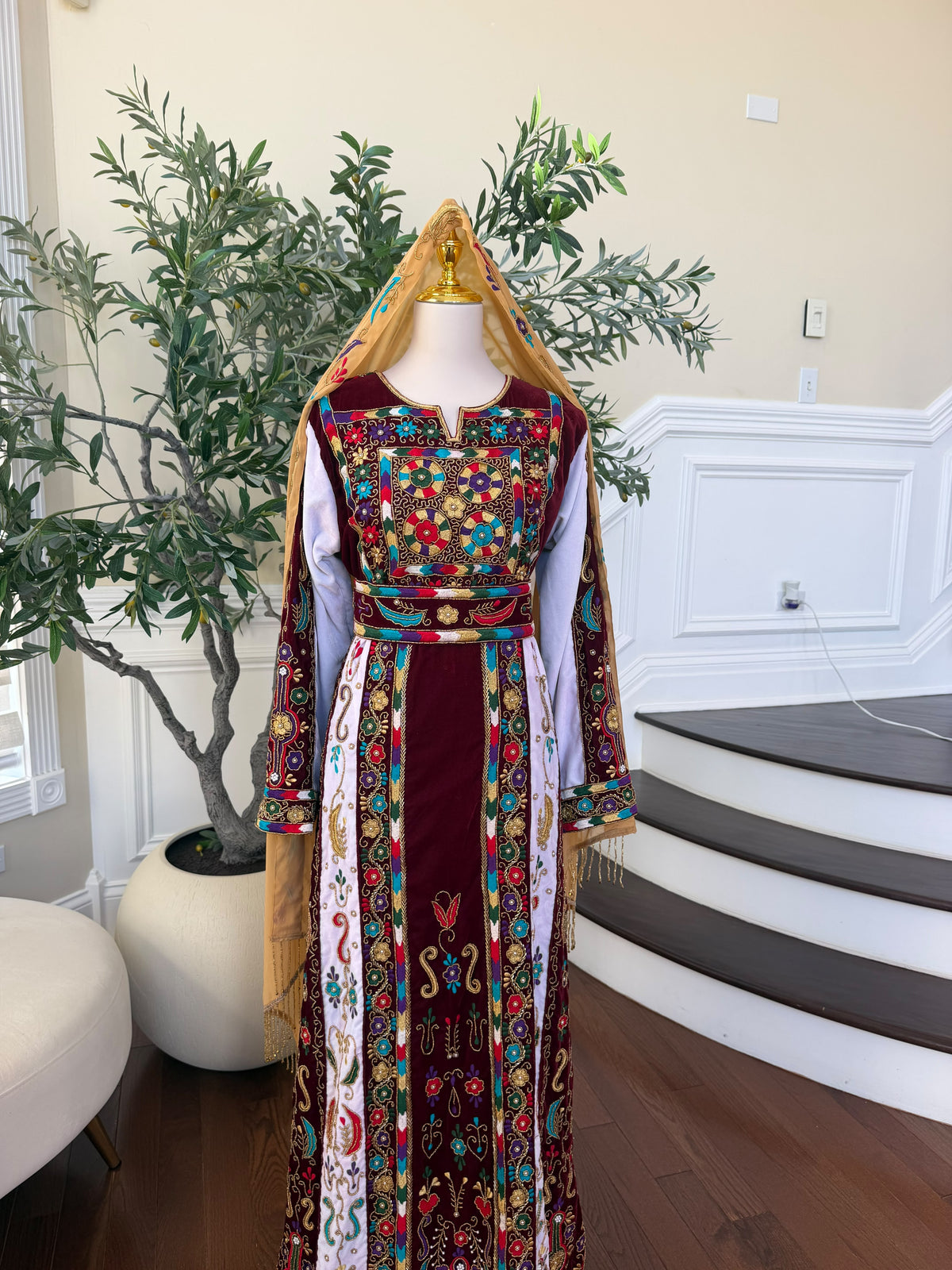 Elegant Burgundy Velvet Thobe with Colorful Embroidery and Matching Skirt included (scarf not included)