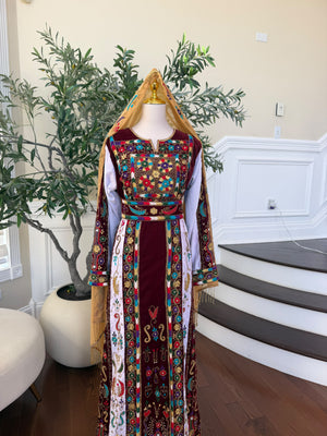Elegant Burgundy Velvet Thobe with Colorful Embroidery and Matching Skirt included (scarf not included)