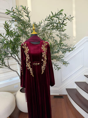 Velvet Red Crystal Beaded Two Peice Abaya