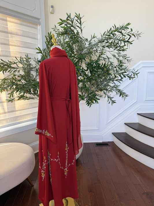 Orange Red Beaded Charm Abaya