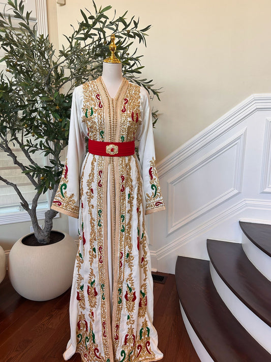 White and Red Detailed Kuftan
