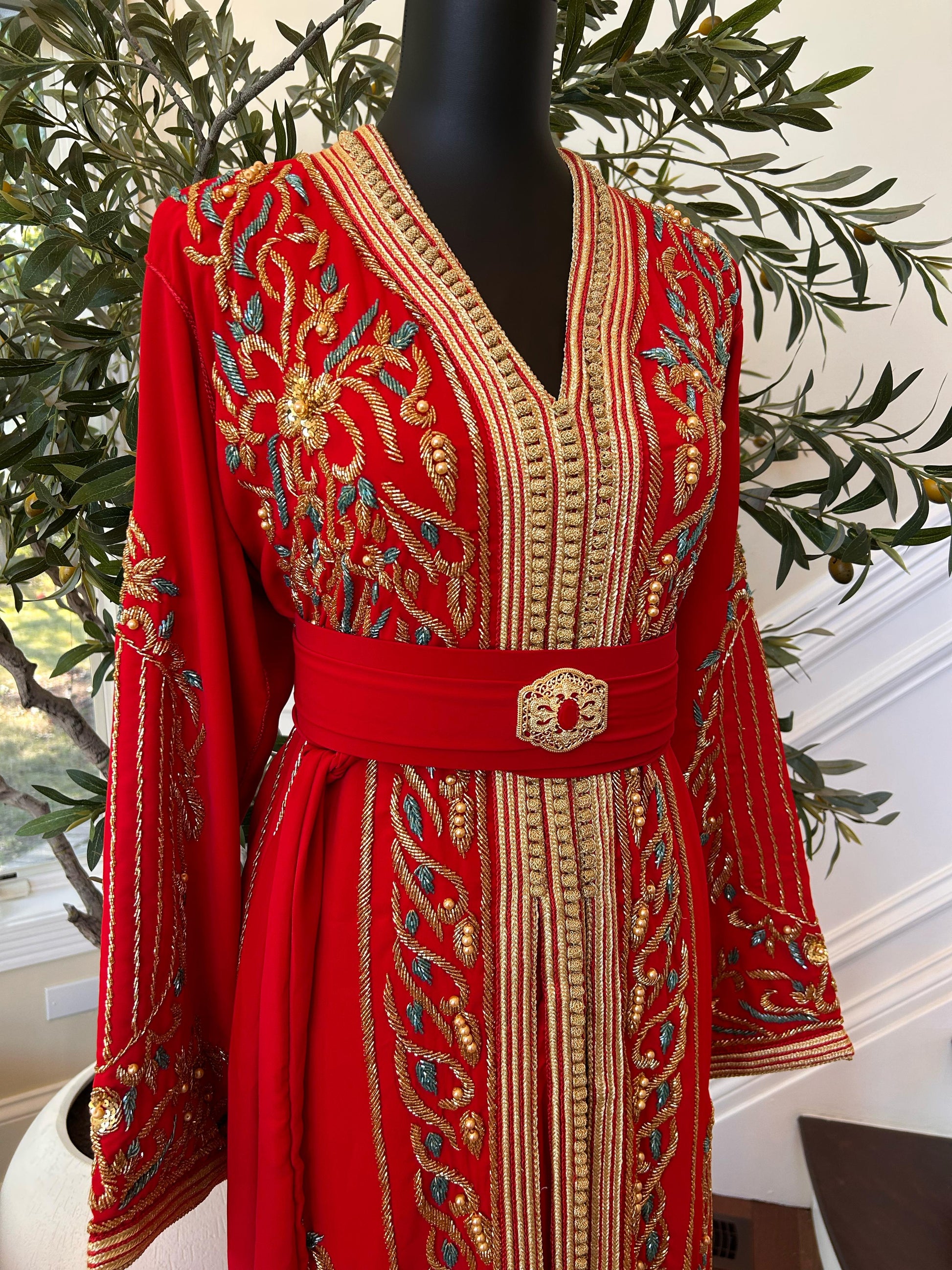 Red Embellished Golden Kuftan