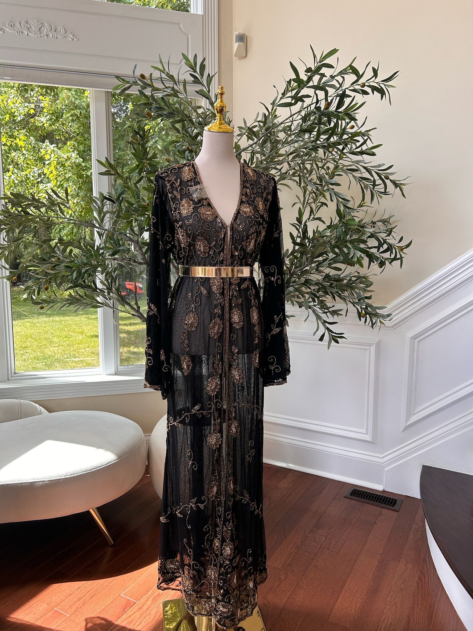 Golden Floral Beaded Stone Black Cardigan Abaya