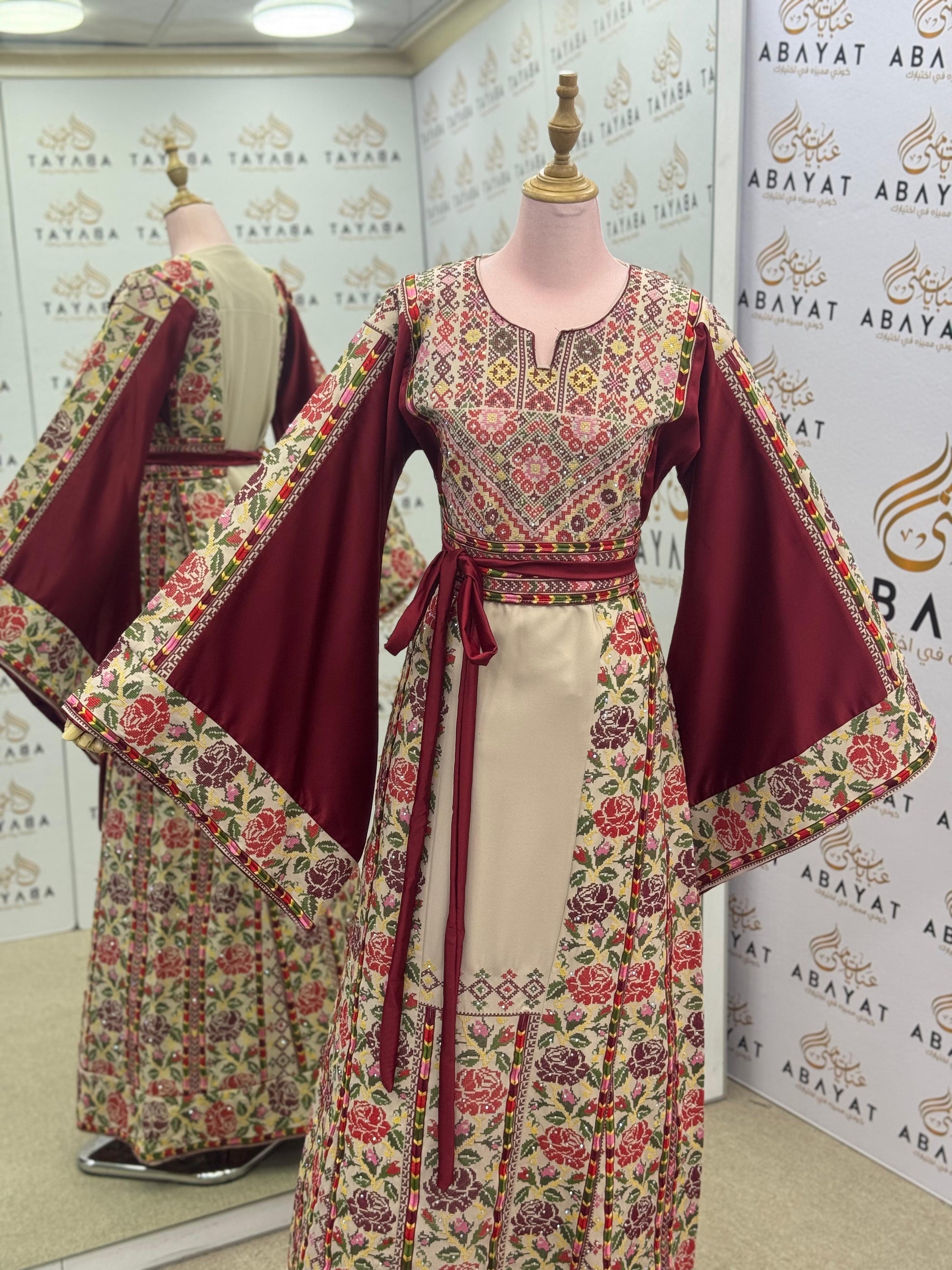 Burgundy & Cream Palestinian Embroidered Thobe | Floral Heritage Design A09052025