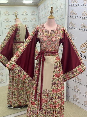 Burgundy & Cream Palestinian Embroidered Thobe | Floral Heritage Design A09052025