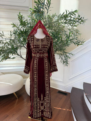Elegant Burgundy Velvet Palestinian Thobe with Intricate Gold Embroidery( scarf not included)