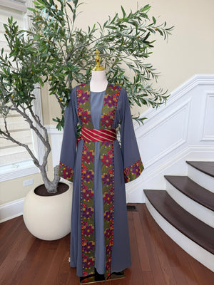 Grey Embroidery Floral Tatreez Thobe