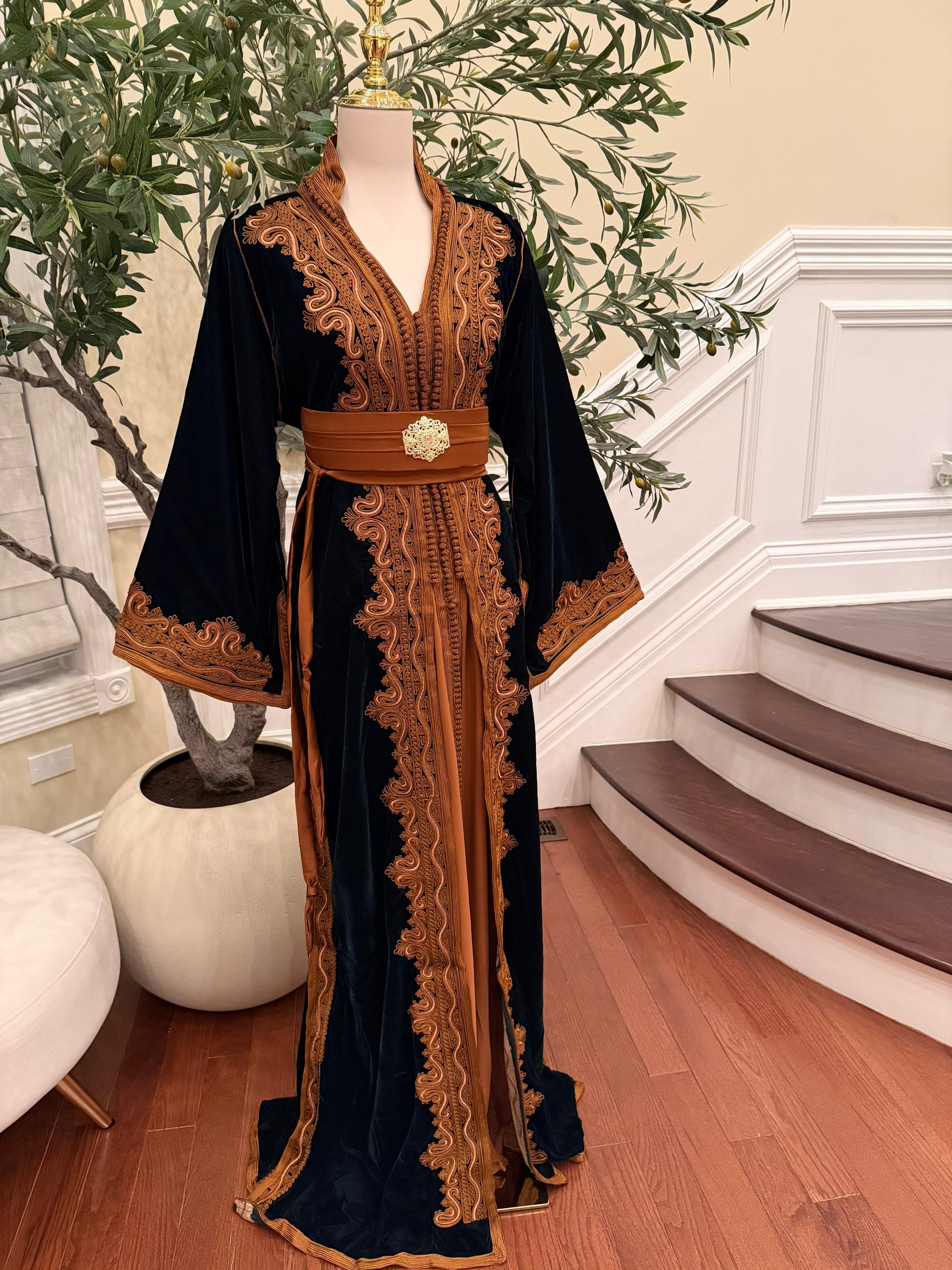 Forest Emerald Green Whisper Velvet Kuftan Brown Embroidery