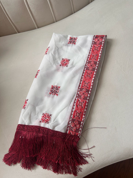 Red Tatreez White Khirka Shal Mandil