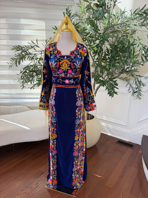 Royal Blue Velvet Palestinian Thobe with Colorful Floral Embroidery – Scarf Not Included