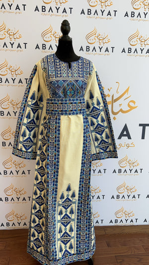 Palestinian Beige & Blue Color Embroidery Thobe #42570