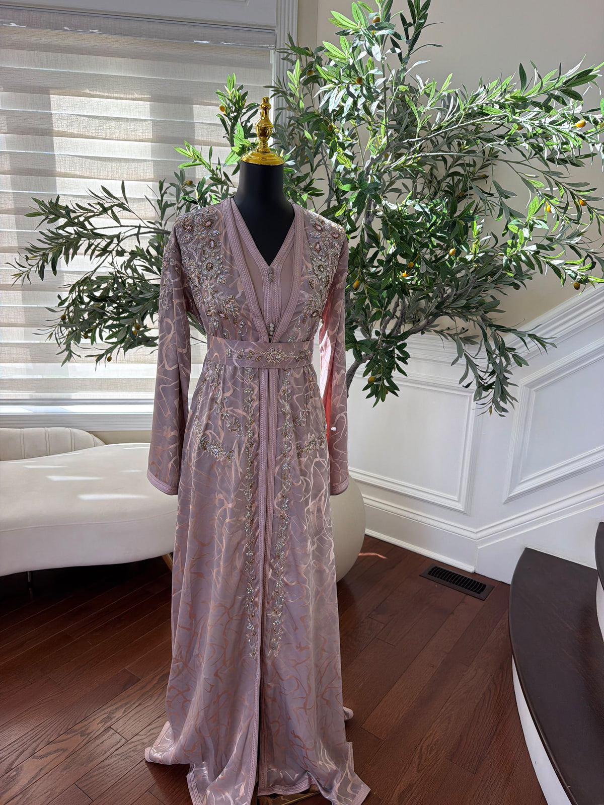 Elegant Dusty Rose Embroidered Moroccan Kaftan