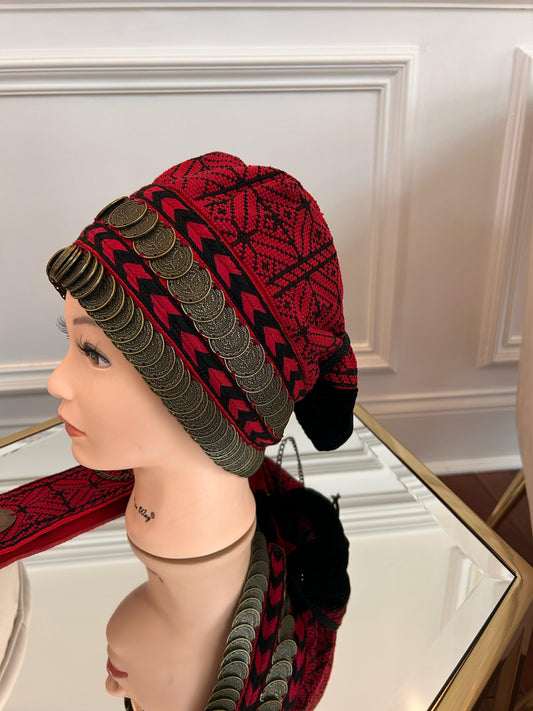 Red Tatreez Embroidery Coin Head Piece تطريز يدوي