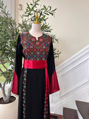 Black Tatreez Embroidery Thobe  Satin Red Detail