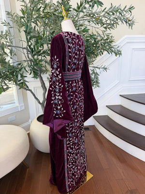 Elegant Burgundy Velvet Thobe with Blue and Silver Floral Embroidery (scarf not included)