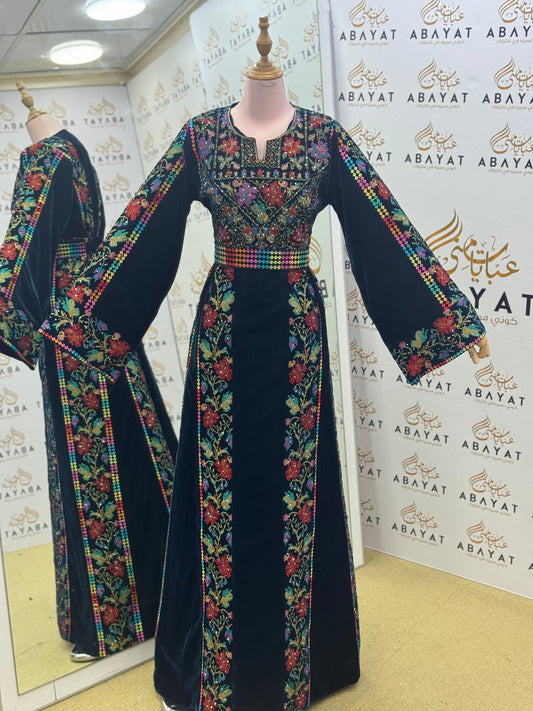 Luxury Palestinian Velvet Thobe – Black Floral Embroidery Janzari Color