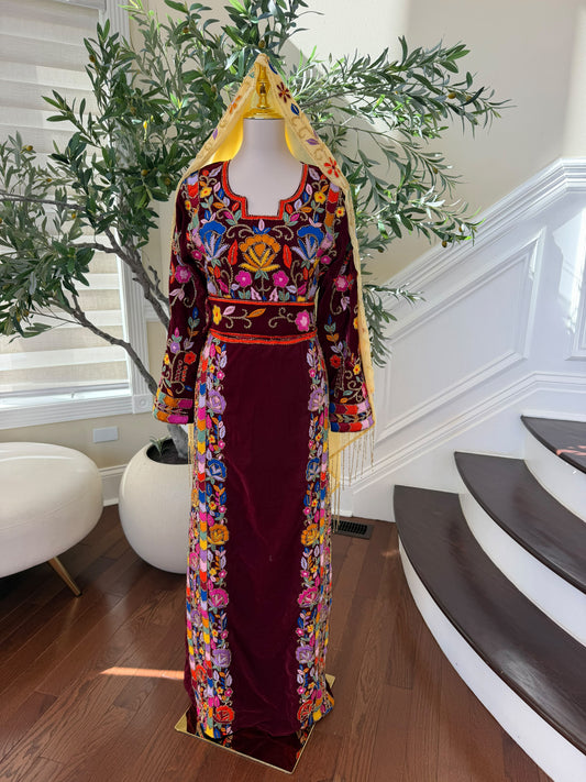 Elegant Burgundy Velvet Palestinian Thobe with Colorful Floral Embroidery – Scarf Not Included