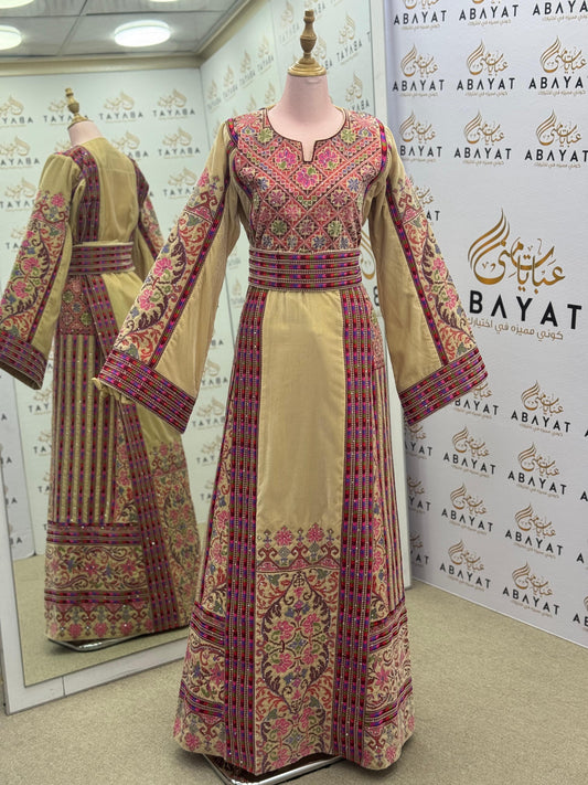 Beige & Pink Palestinian Embroidered Thobe – Classic Tatreez Heritage Dress A09042025