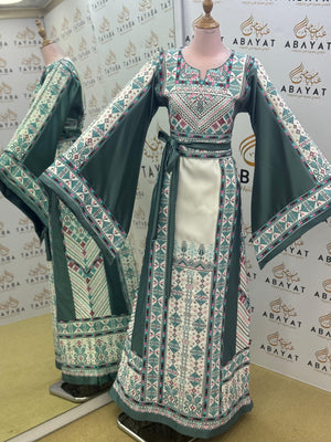 Luxury Palestinian Embroidered Thobe – Sage Green Traditional Design