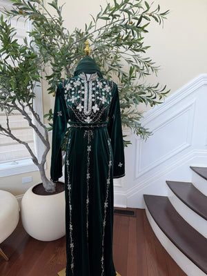 Green Velvet Crystal Elegance Beaded Abaya