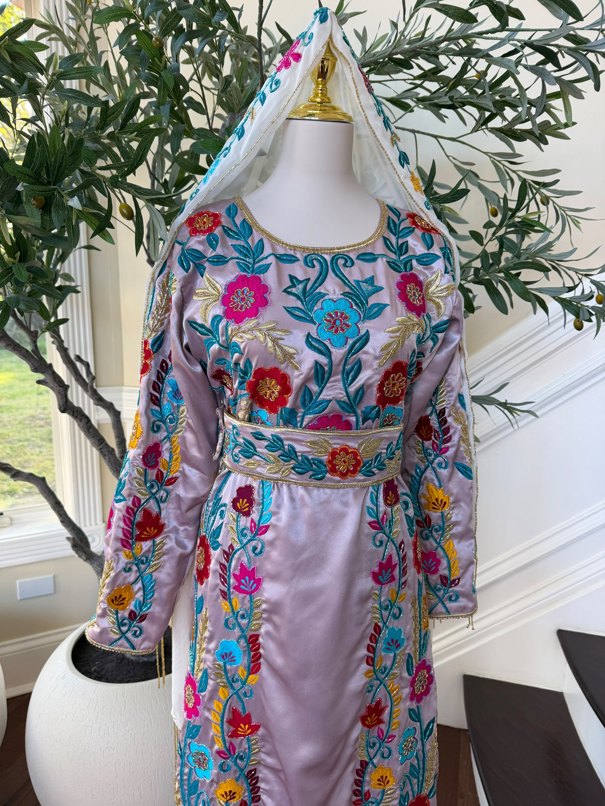 Blush Pink Palestinian Stone Thobe with Vibrant Multicolor Floral Embroidery(scarf not included)