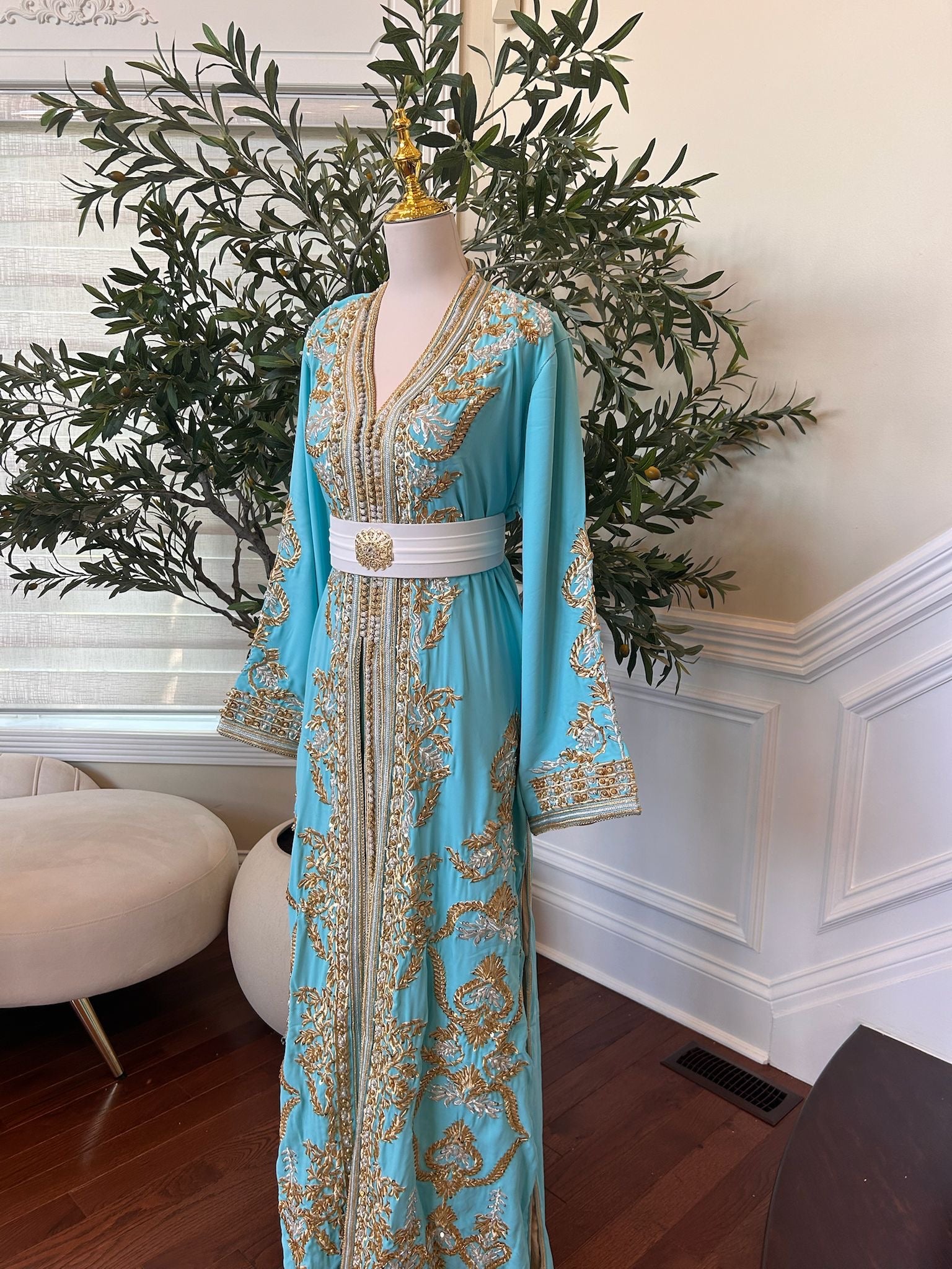 Mint Blue Golden Charm Detail Kuftan