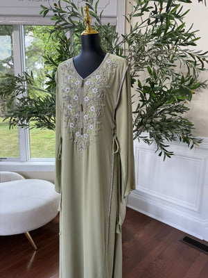 Elegant Sage Green Embroidered Kaftan – Formal Occasion Wear