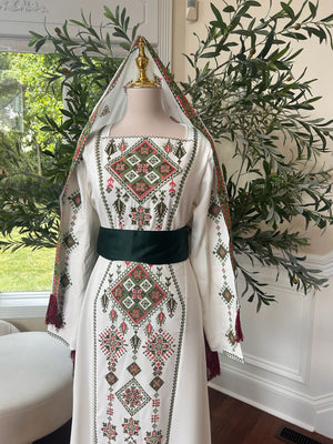 White Thobe Green Tatreez Elegance