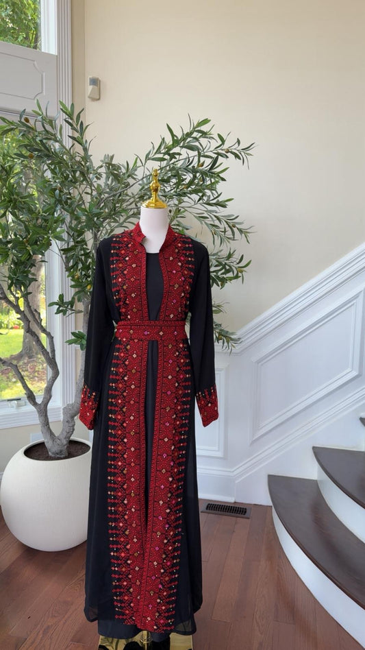 Red Tatreez Embroidery Abaya