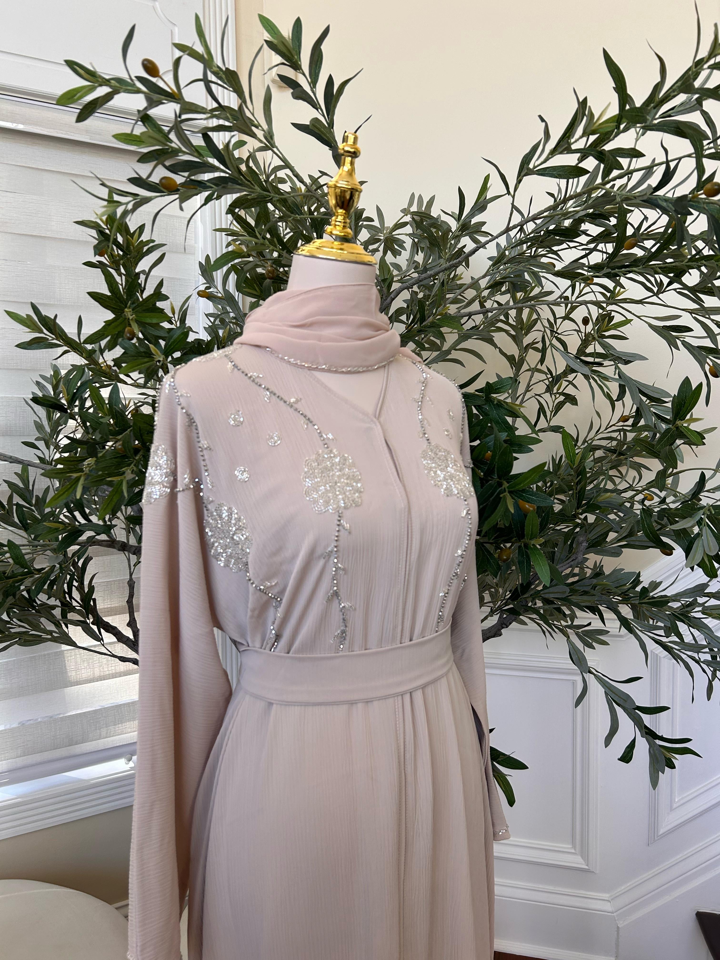 Cream Beaded Charm Abaya