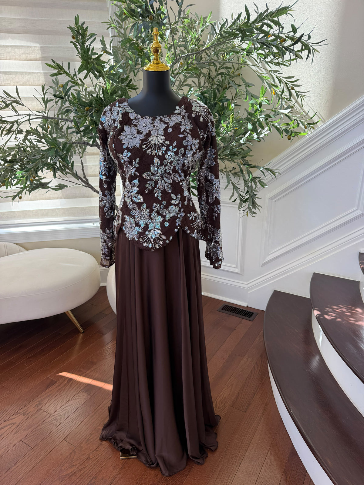 Elegant Chocolate Brown Gown with Silver Floral Embroidery