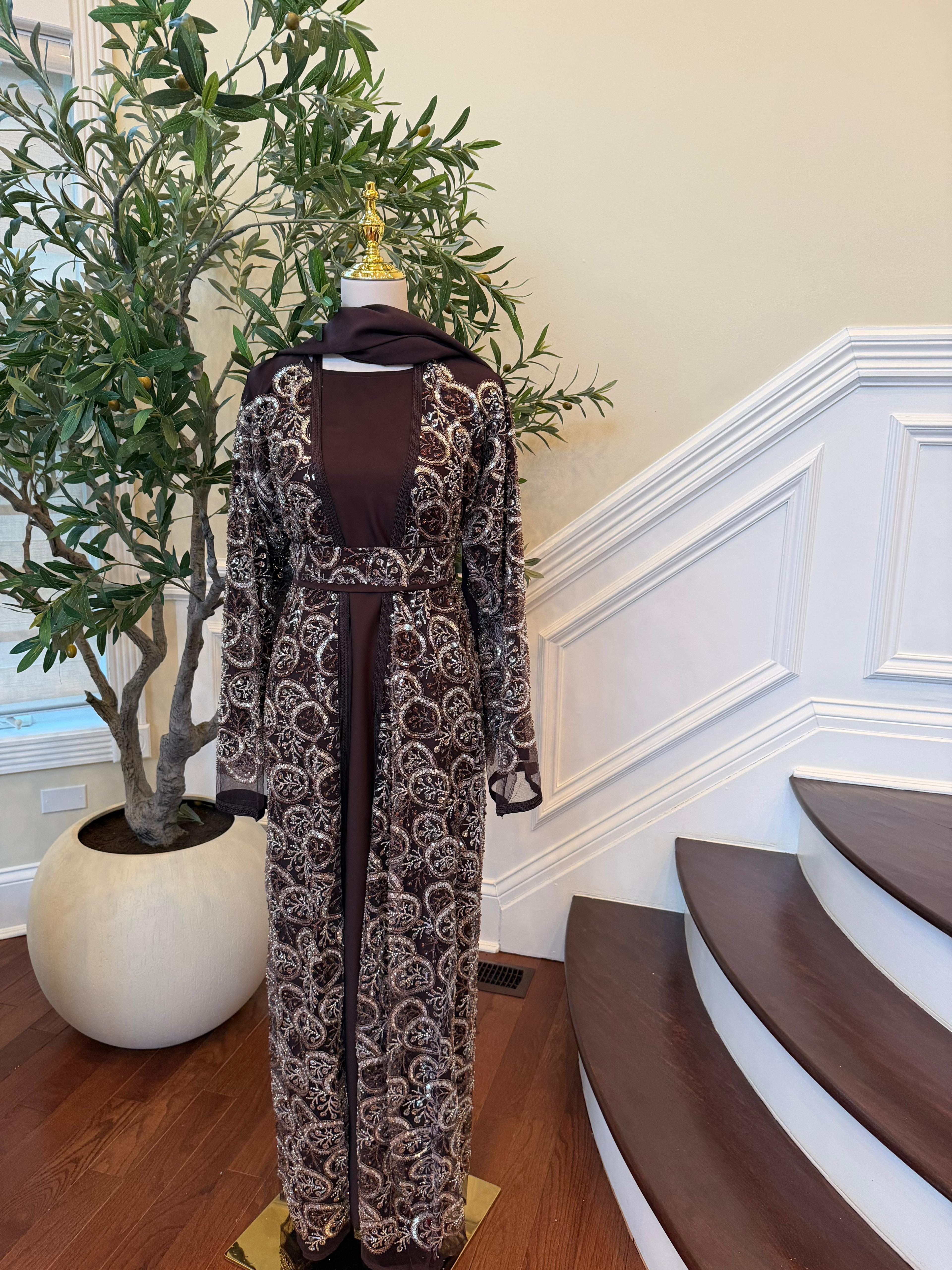 Brown Sequin Two Piece Abaya