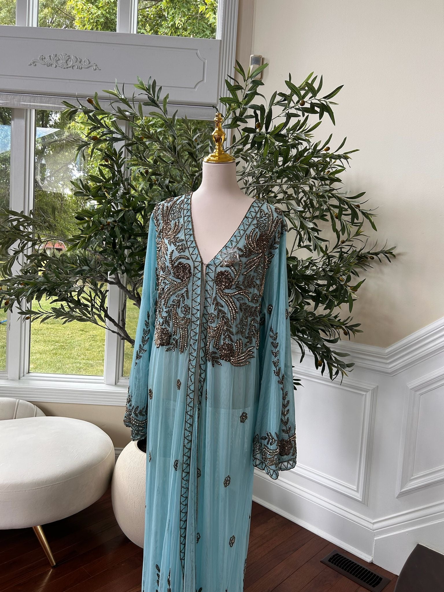 Mint Blue Golden Charm Cardigan Abaya