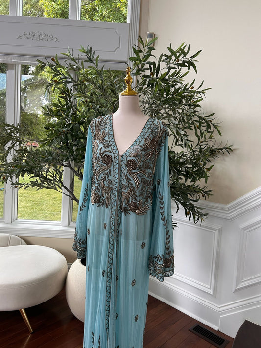 Mint Blue Golden Charm Cardigan Abaya