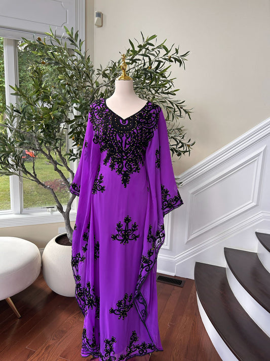 Royal Purple Kuftan Dress with Black Beaded Detail
