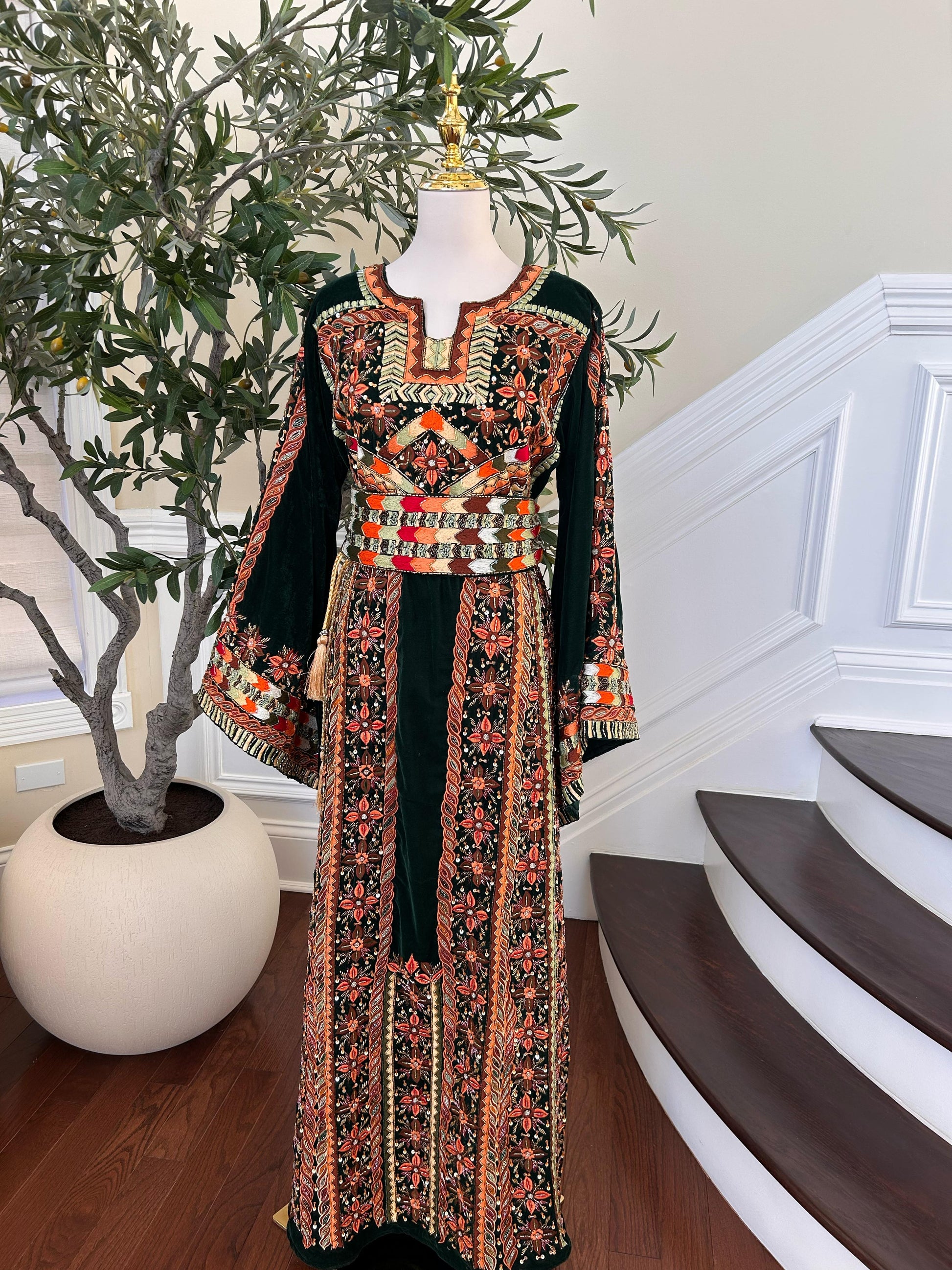 Green Velvet Handmade Embellished Beaded Thobe with Detachable Skirt