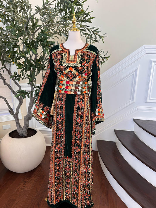 Green Velvet Handmade Embellished Beaded Thobe with Detachable Skirt