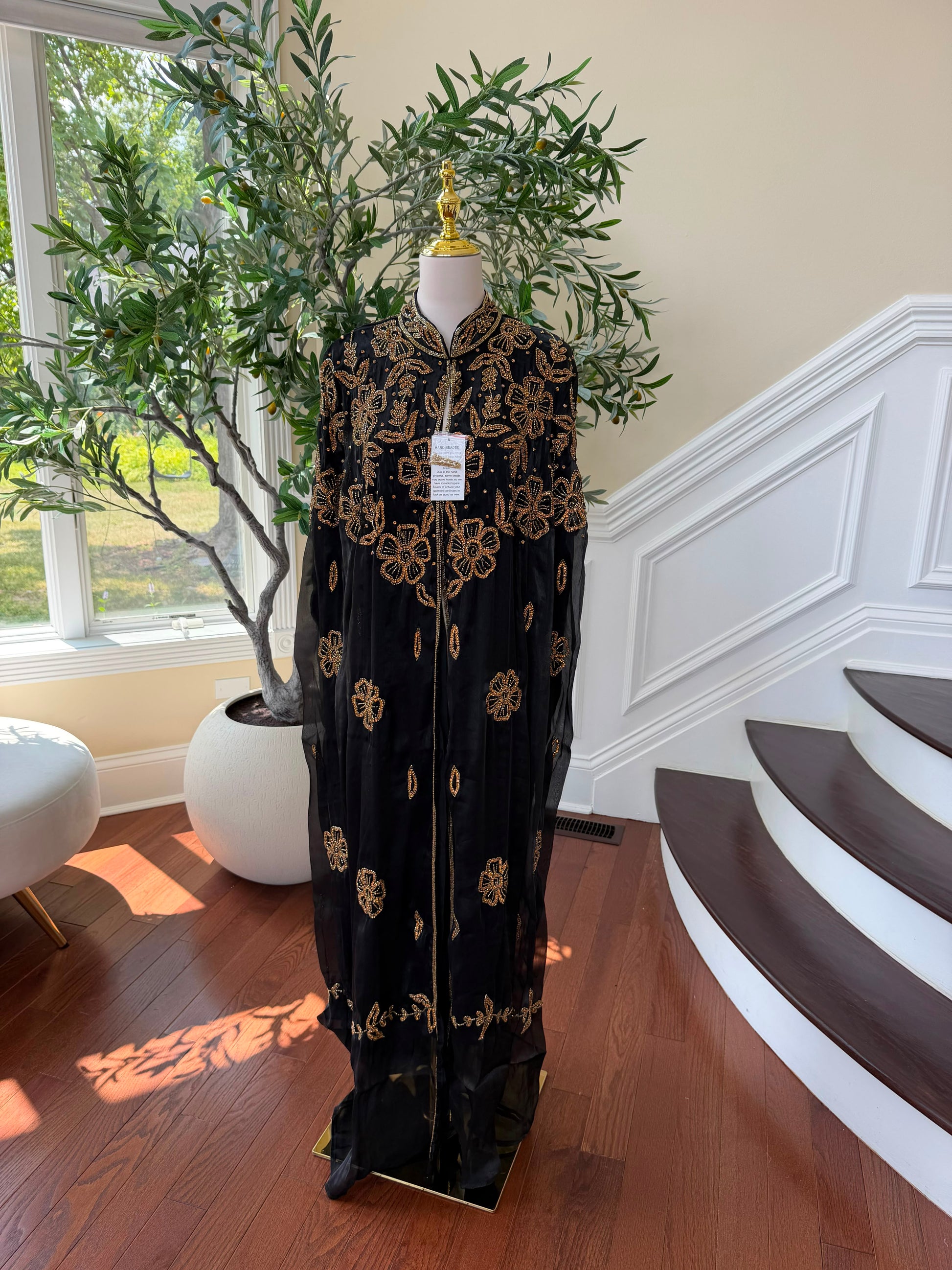 Golden Floral Black Cardigan Abaya
