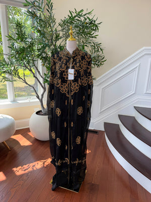 Golden Floral Black Cardigan Abaya