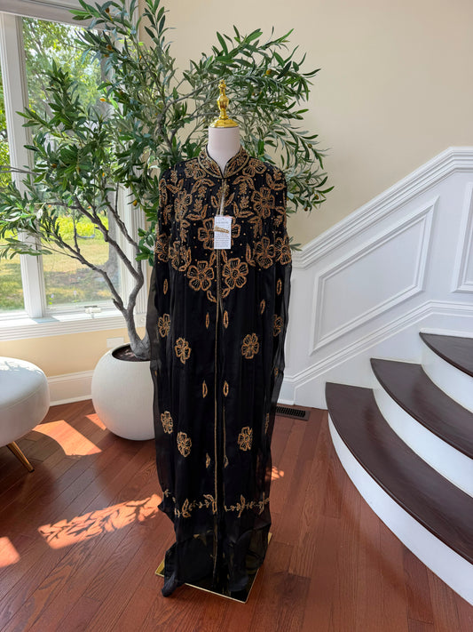 Golden Floral Black Cardigan Abaya