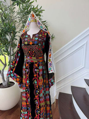 Luxury Bridal Palestinian Thobe with Embroidery Tatreez, Hand Beading & Detachable Overskirt on Rich Velvet Fabric