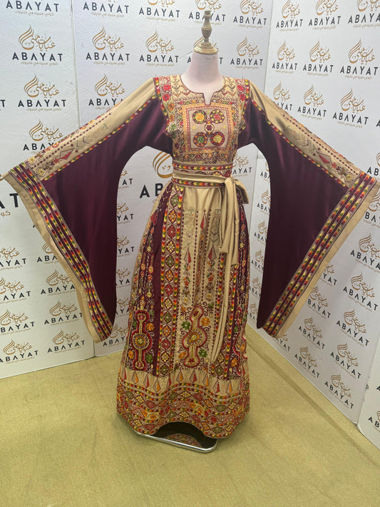 Traditional Palestinian Embroidered Thobe – Burgundy & Beige Heritage Dress