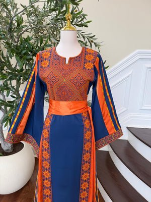 Navy Blue Embroidery Tatreez Orange Thobe