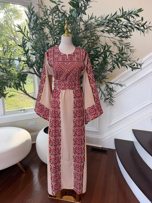 Elegant Blush Pink & Burgundy Embroidered Palestinian Thobe Dress