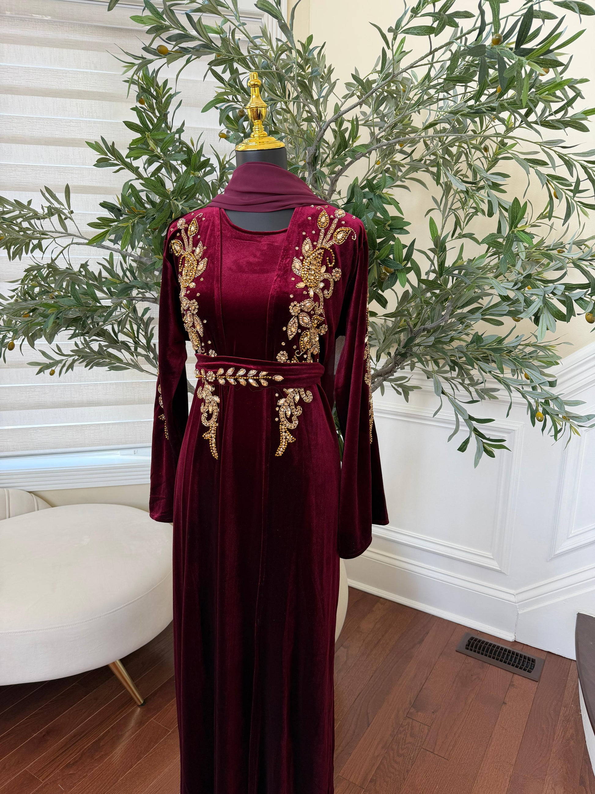Velvet Red Crystal Beaded Two Peice Abaya